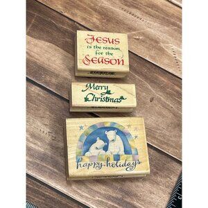 SET OF 3 INKADINKADO HOLIDAY THEMED WOOD MOUNTED RUBBER STAMPS POLAR BEAR JESUS